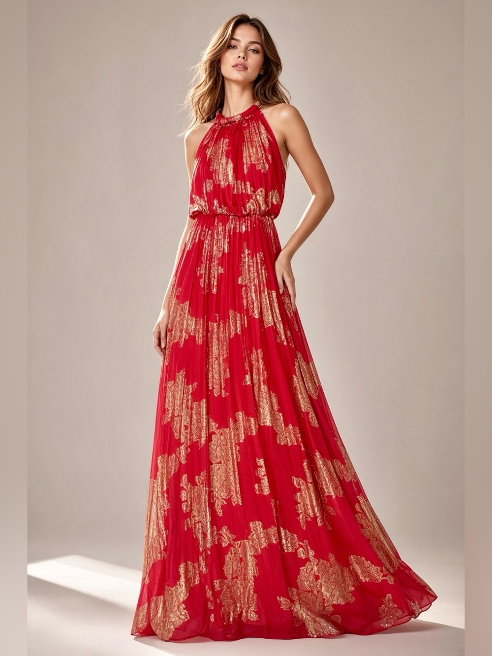 Xscape Red Halter Maxi Dress with Gold Foil Floral Accents